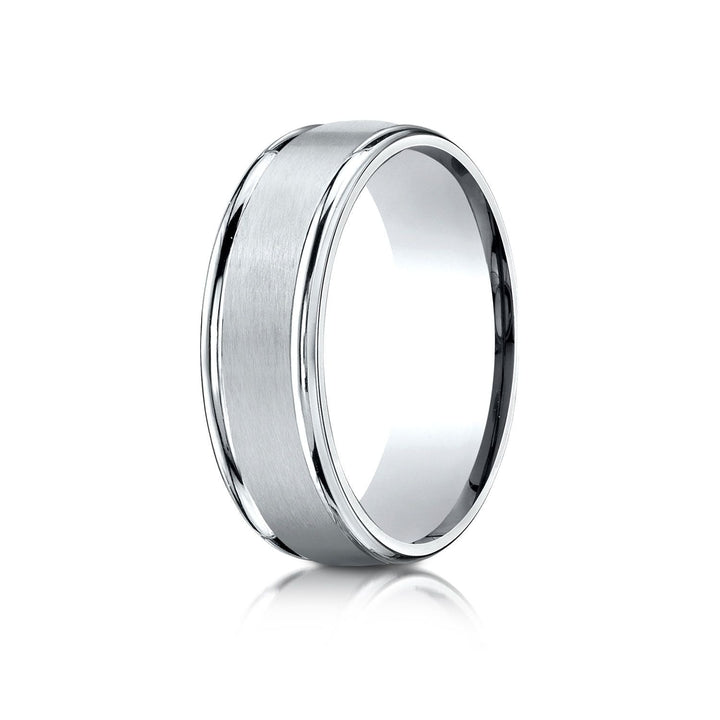 7mm Satin Finish High Polished Round Edge Carved Wedding Band, in 14K White Gold | RockHer