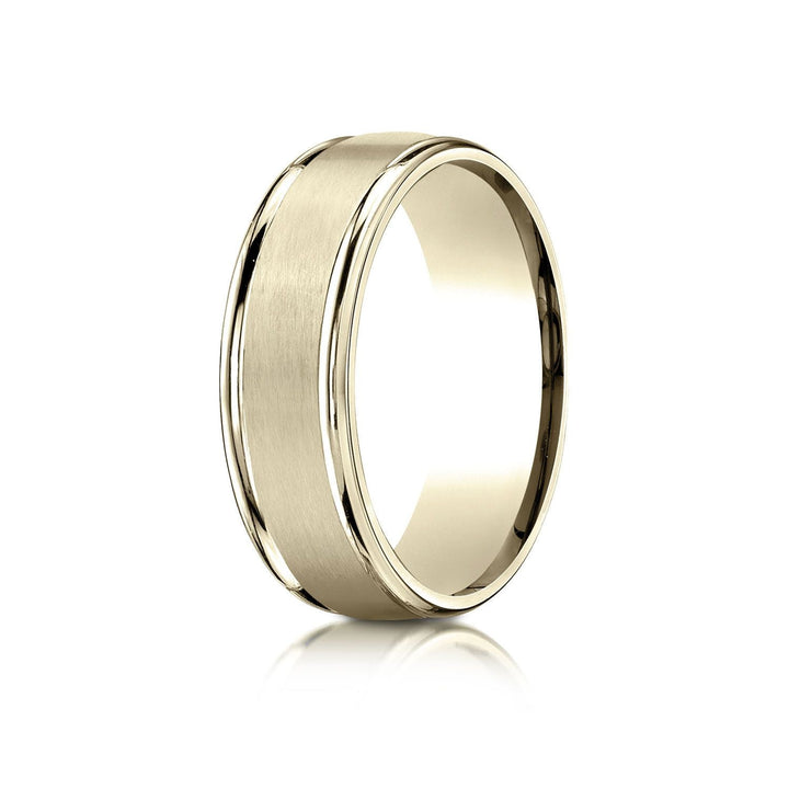 7mm Satin Finish High Polished Round Edge Carved Wedding Band, in 18K Yellow Gold | RockHer