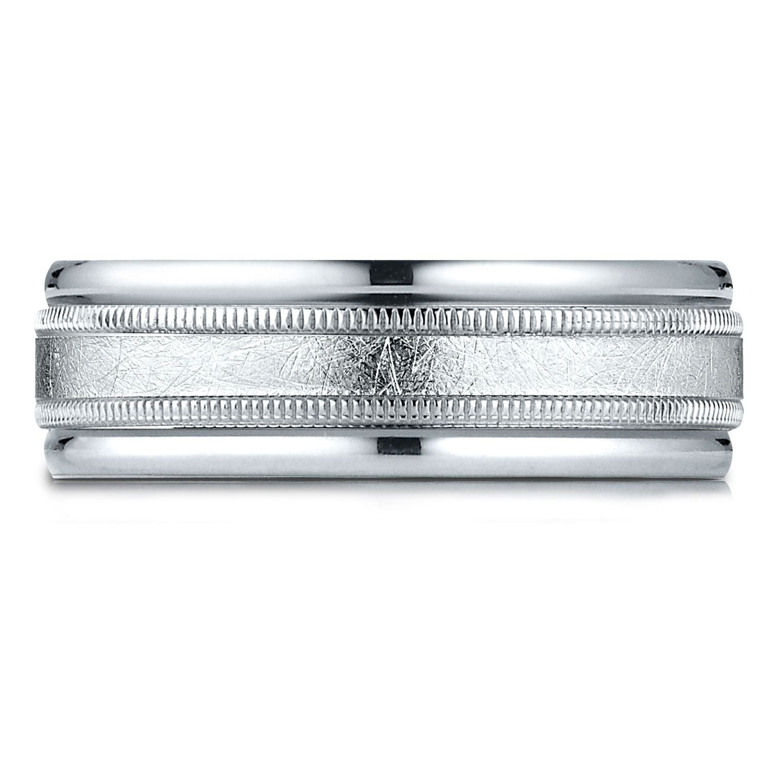 แพลตตินัม แหวนดีไซน์แกะสลักขอบกลมมีมิลเกรนตรงกลางแบบฟินิชลายเกลียว ขนาด 7 มม. แบบสวมใส่สบาย