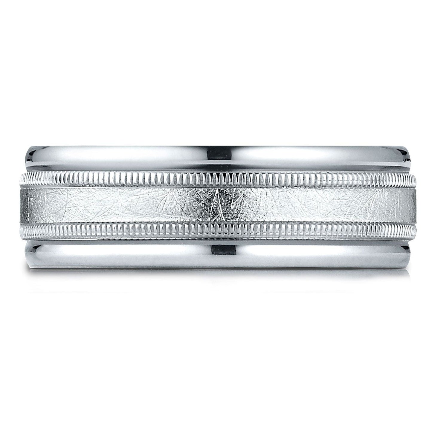 แพลตตินัม แหวนดีไซน์แกะสลักขอบกลมมีมิลเกรนตรงกลางแบบฟินิชลายเกลียว ขนาด 7 มม. แบบสวมใส่สบาย