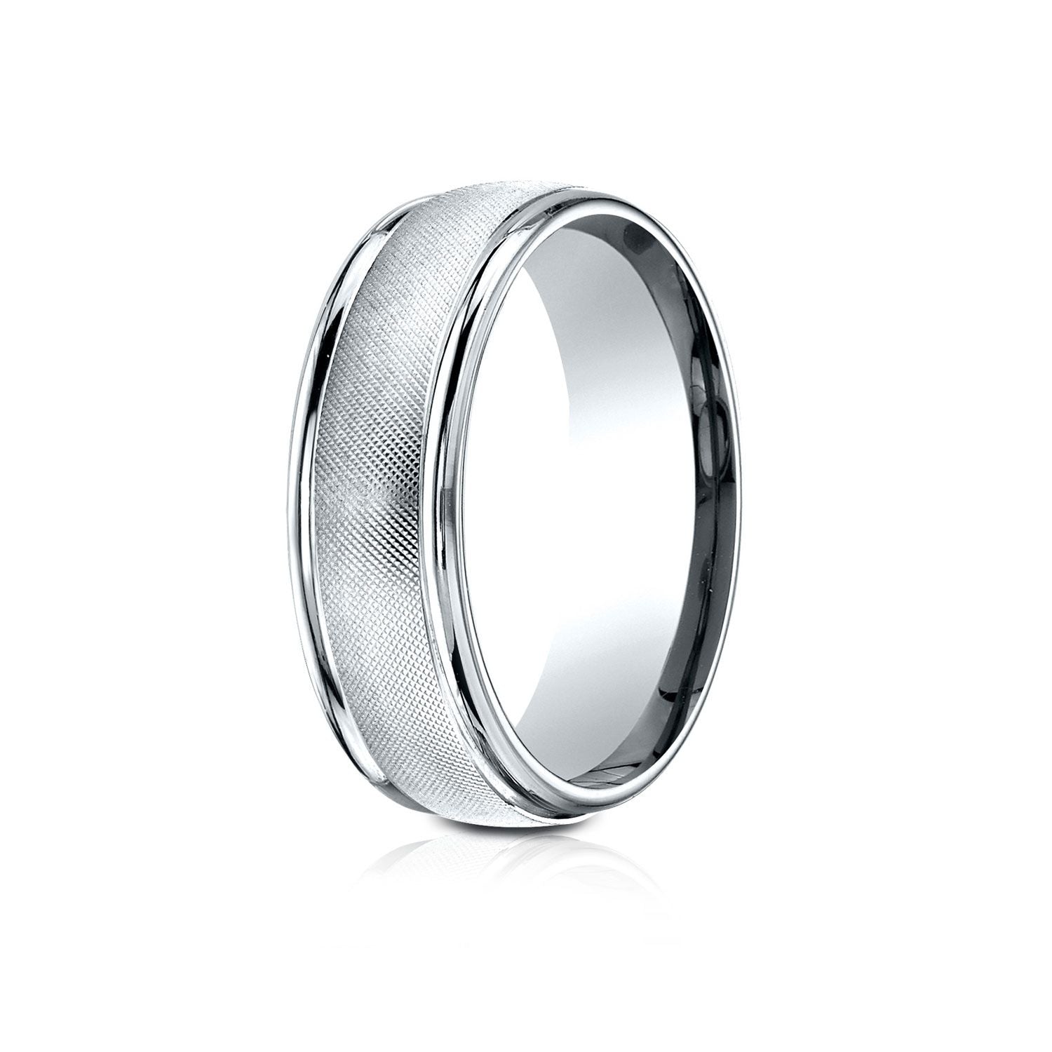 แหวนทองคำขาว 14 กะรัต ขนาด 7 มม. แบบ Comfort-fit ดีไซน์ขอบกลมเงาแบบฟลอเรนไทน์