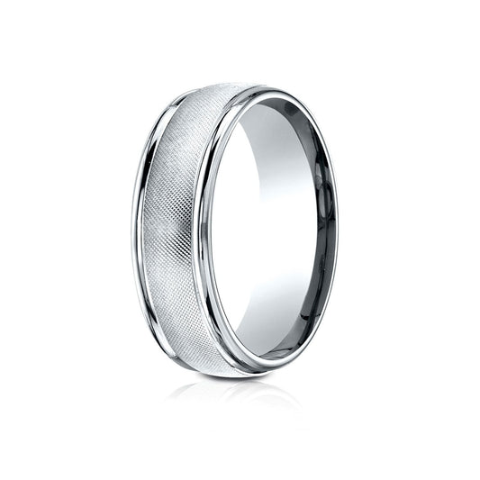 แหวนทองคำขาว 14 กะรัต ขนาด 7 มม. แบบ Comfort-fit ดีไซน์ขอบกลมเงาแบบฟลอเรนไทน์