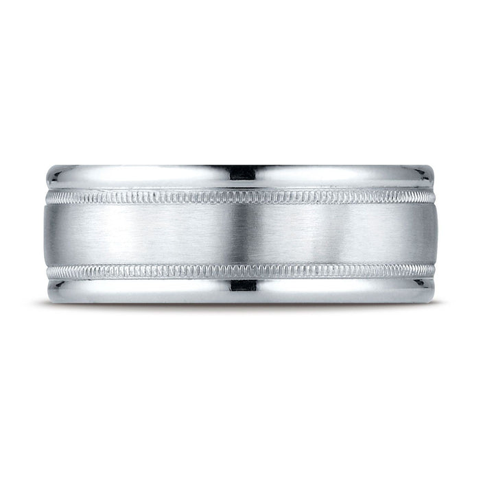 8mm Satin Finish Milgrain Round Edge Carved Wedding Band, in Platinum | RockHer