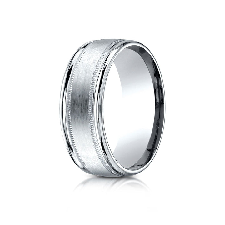 8mm Satin Finish Milgrain Round Edge Carved Wedding Band, in 18K White Gold | RockHer