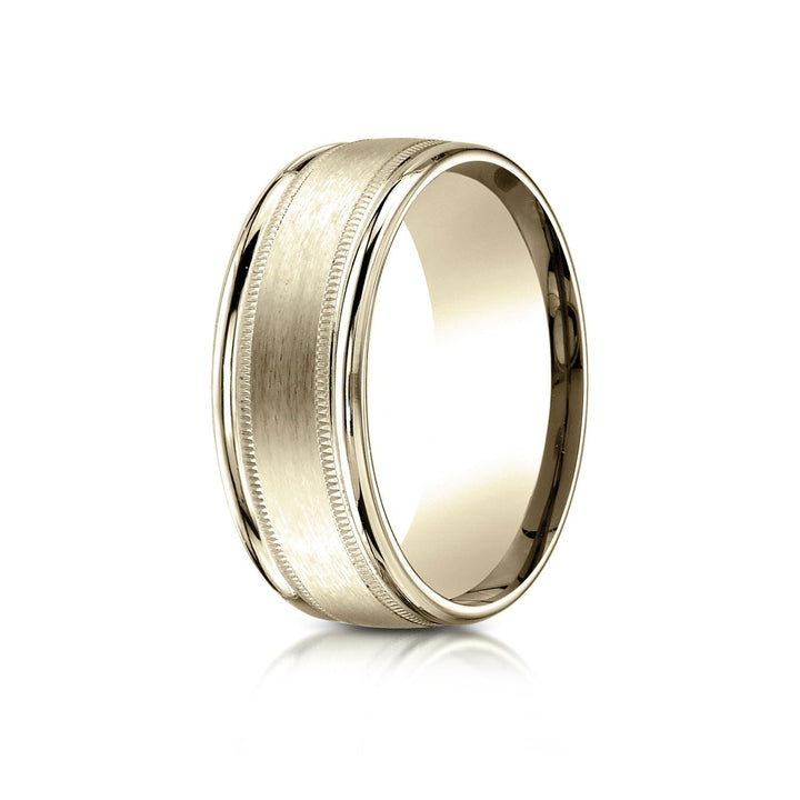 8mm Satin Finish Milgrain Round Edge Carved Wedding Band, in 18K Yellow Gold | RockHer