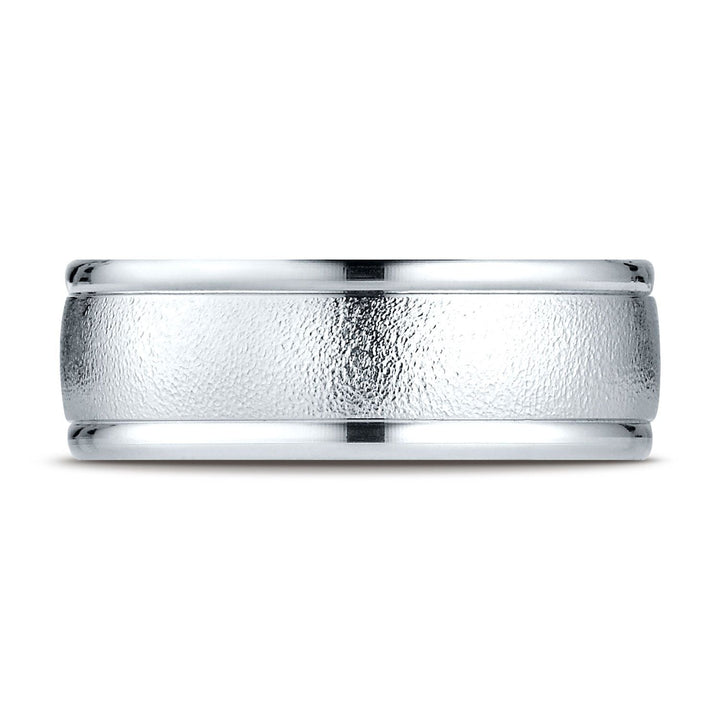8mm Wire Brush High Polished Round Edge Carved Wedding Band, in Platinum | RockHer