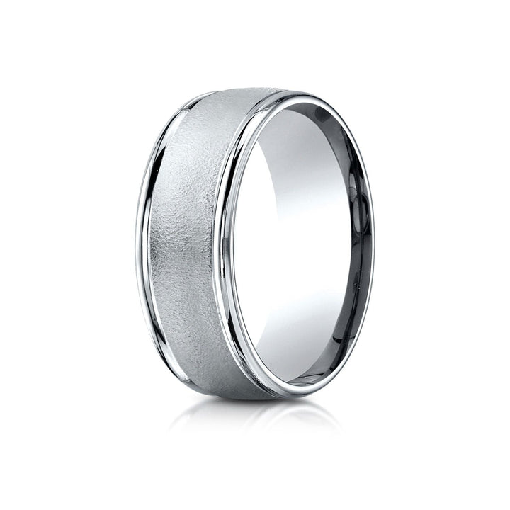 8mm Wire Brush High Polished Round Edge Carved Wedding Band, in 14K White Gold | RockHer