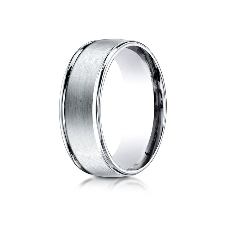 8mm Satin Finish High Polished Round Edge Carved Wedding Band, in 14K White Gold | RockHer
