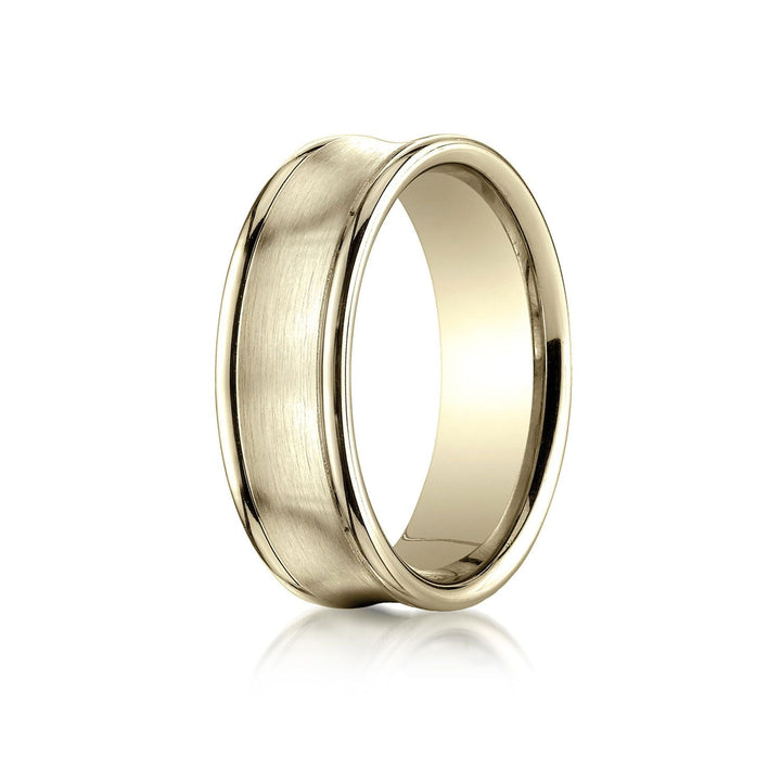 7.5mm Satin Finish High Polished Round Edge Carved Wedding Band, in 18K Yellow Gold | RockHer