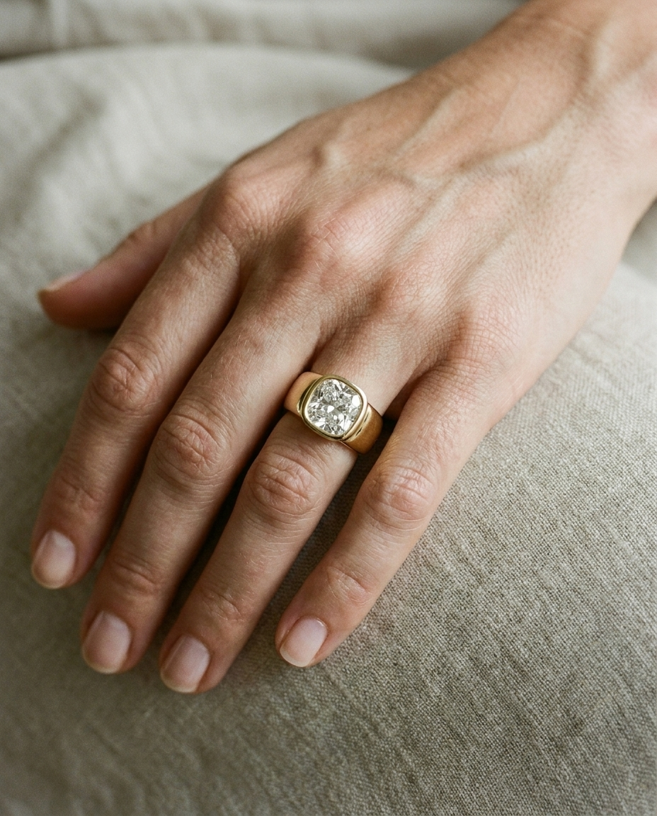 The Remi Select — Bezel-Set Cigar Band Cushion in 18K Yellow Gold