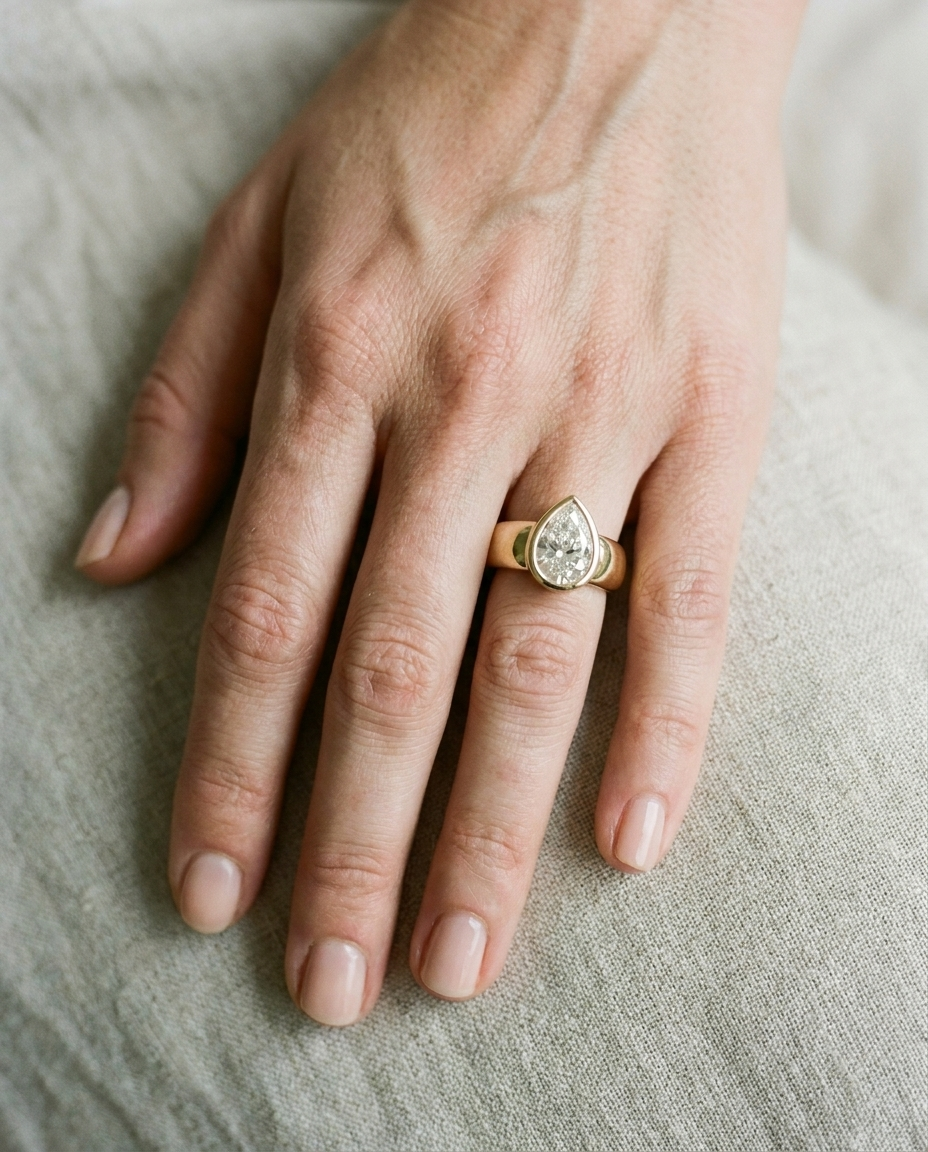 The Remi Select — Bezel-Set Cigar Band Pear in 18K Yellow Gold