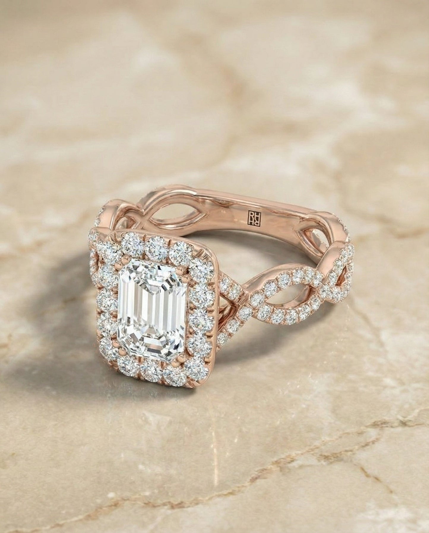 European Cut, Ribbon Twist Pavé Halo Emerald, in 14K Rose Gold, pave setting – angled view | RockHer