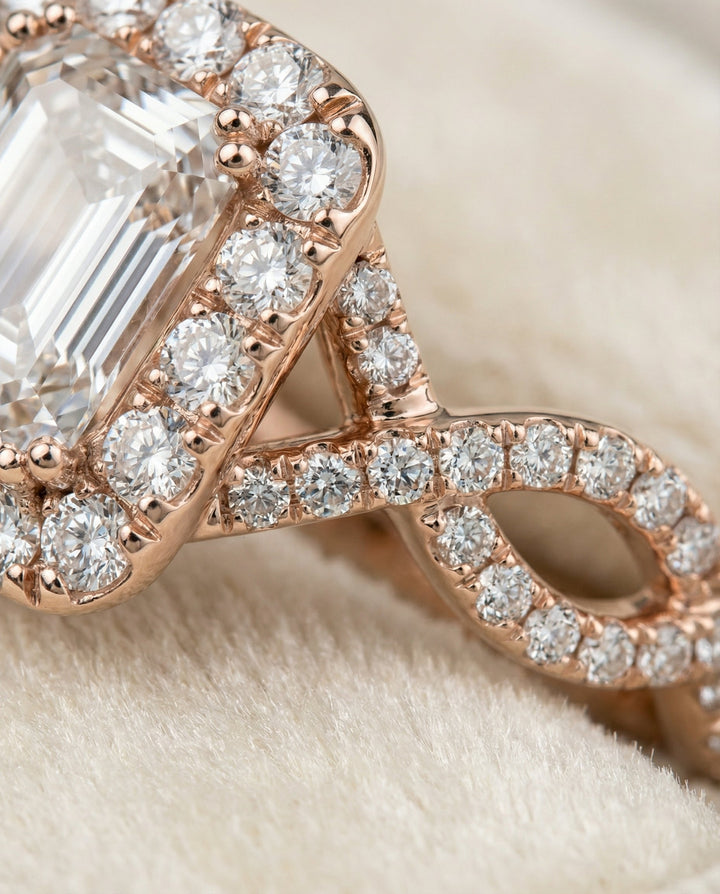 European Cut, Ribbon Twist Pavé Halo Emerald, in 14K Rose Gold, pave setting – detail view | RockHer