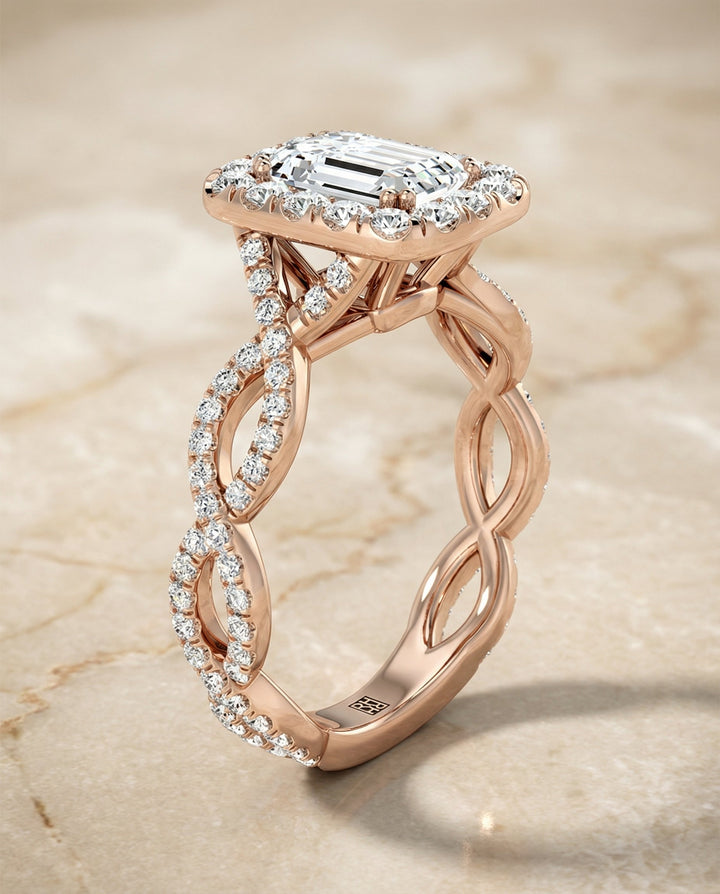 European Cut, Ribbon Twist Pavé Halo Emerald, in 14K Rose Gold, pave setting – front view | RockHer