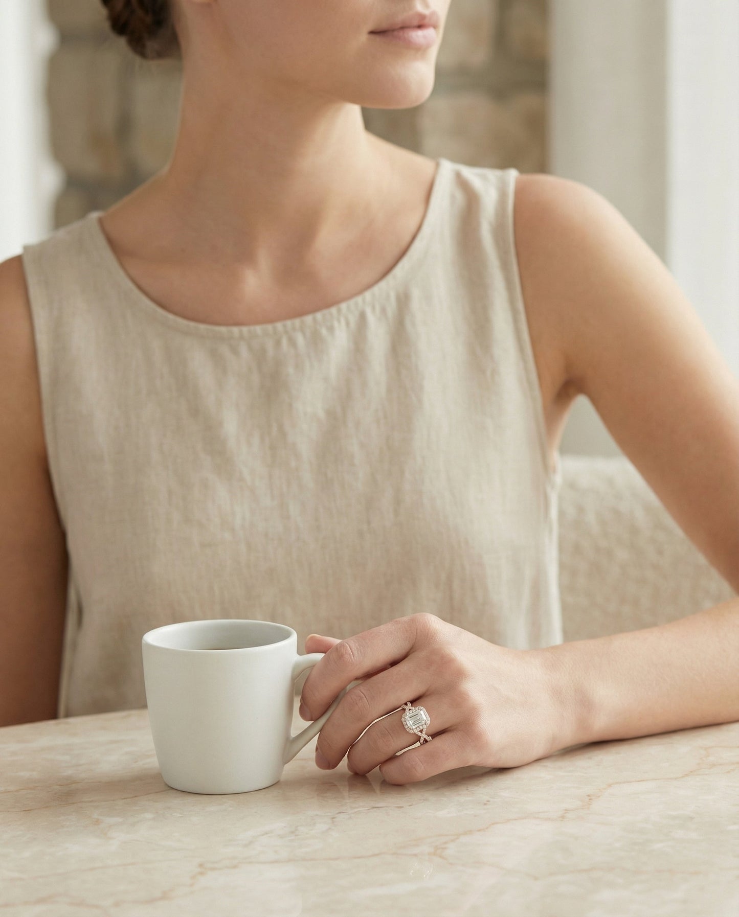 European Cut, Ribbon Twist Pavé Halo Emerald, in 14K Rose Gold, pave setting – lifestyle shot | RockHer