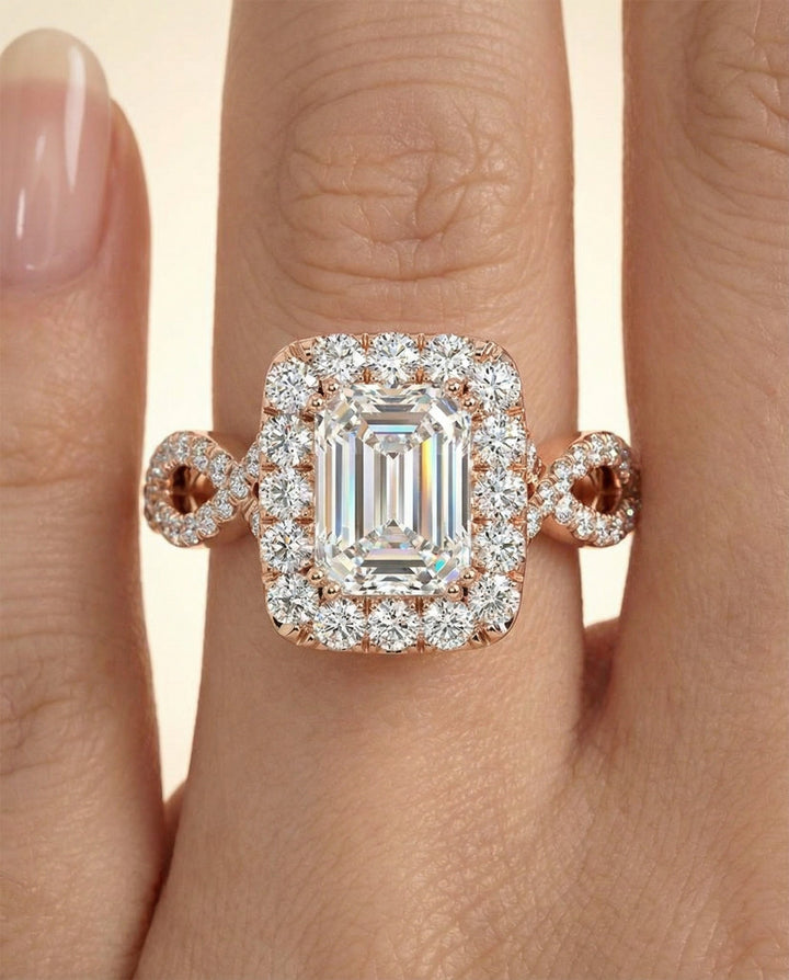 European Cut, Ribbon Twist Pavé Halo Emerald, in 14K Rose Gold, pave setting – lifestyle shot | RockHer