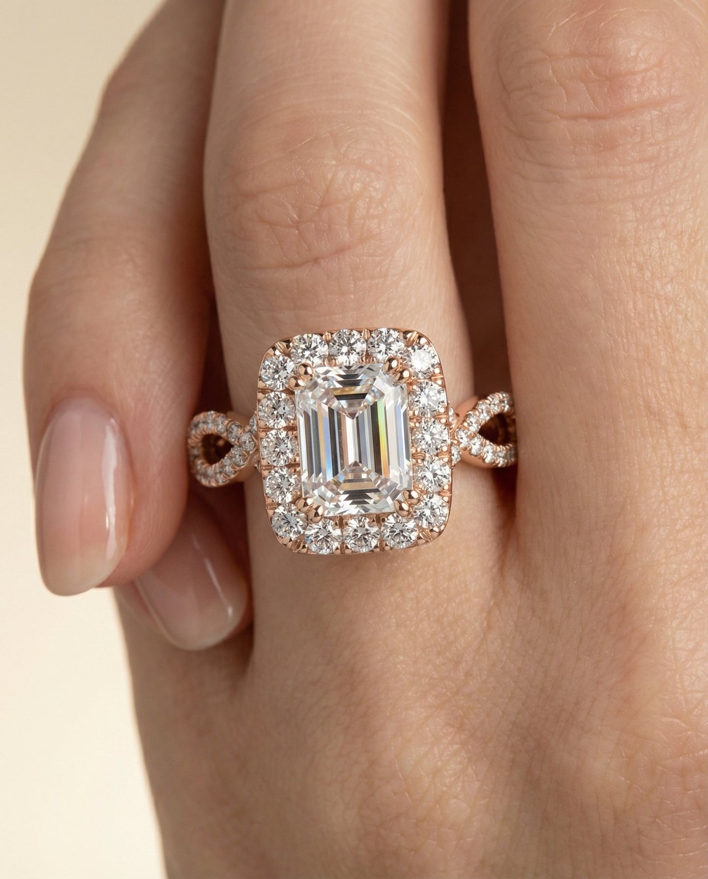 European Cut, Ribbon Twist Pavé Halo Emerald, in 14K Rose Gold, pave setting – lifestyle shot | RockHer