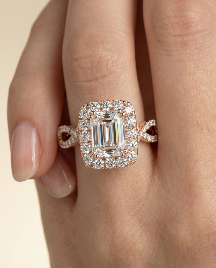 European Cut, Ribbon Twist Pavé Halo Emerald, in 14K Rose Gold, pave setting – lifestyle shot | RockHer