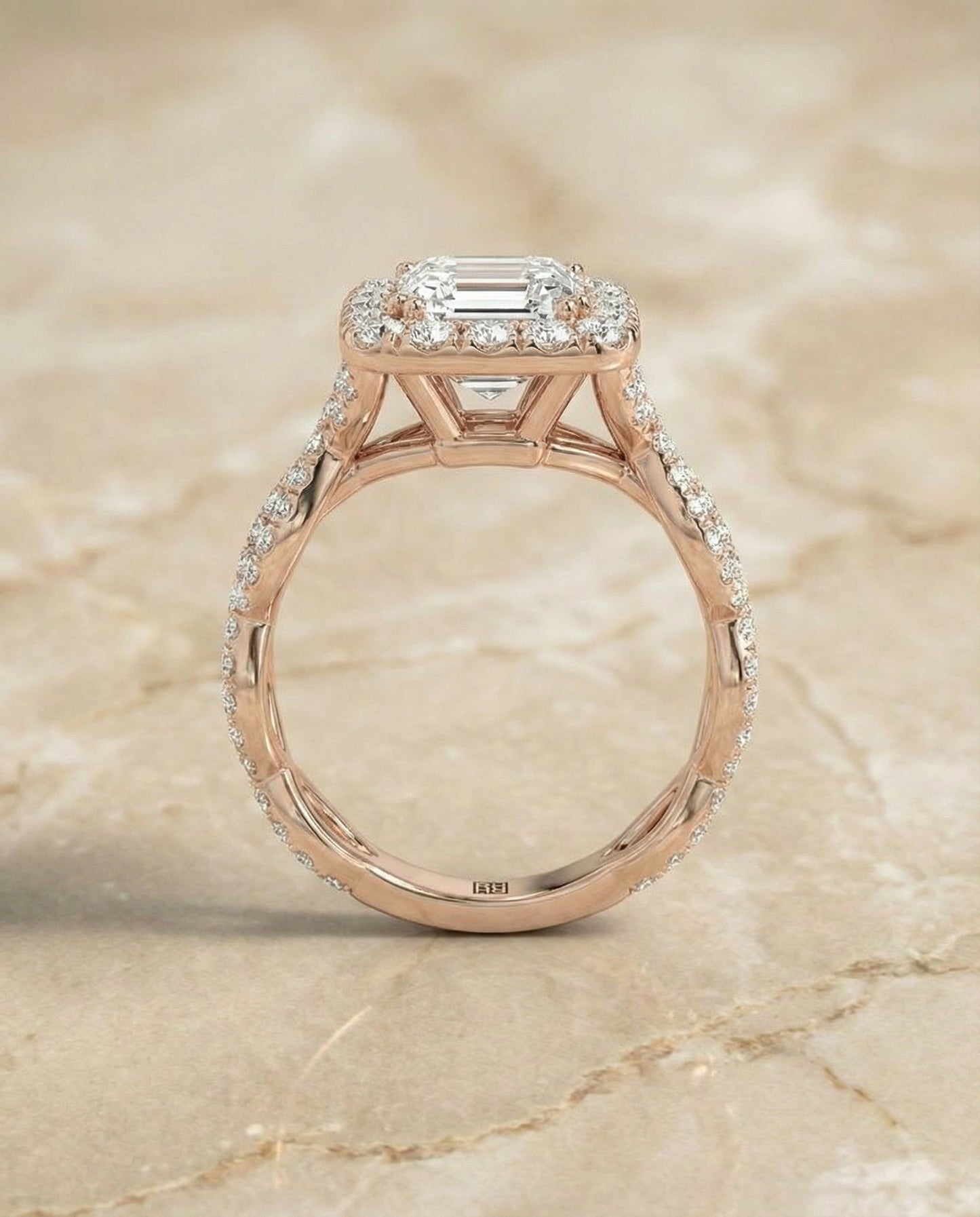 European Cut, Ribbon Twist Pavé Halo Emerald, in 14K Rose Gold, pave setting – side profile | RockHer