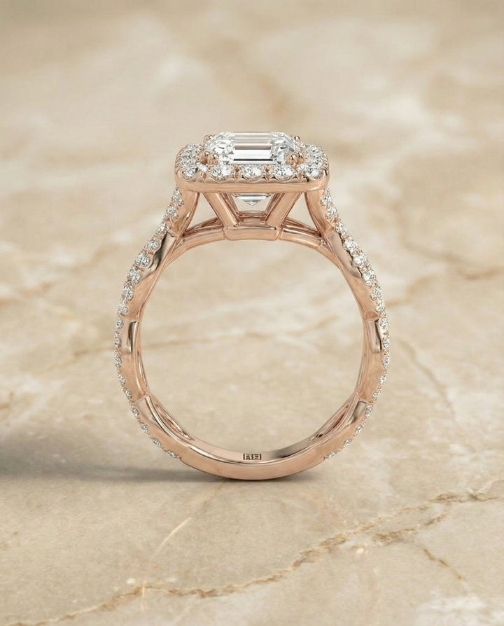 European Cut, Ribbon Twist Pavé Halo Emerald, in 14K Rose Gold, pave setting – side profile | RockHer