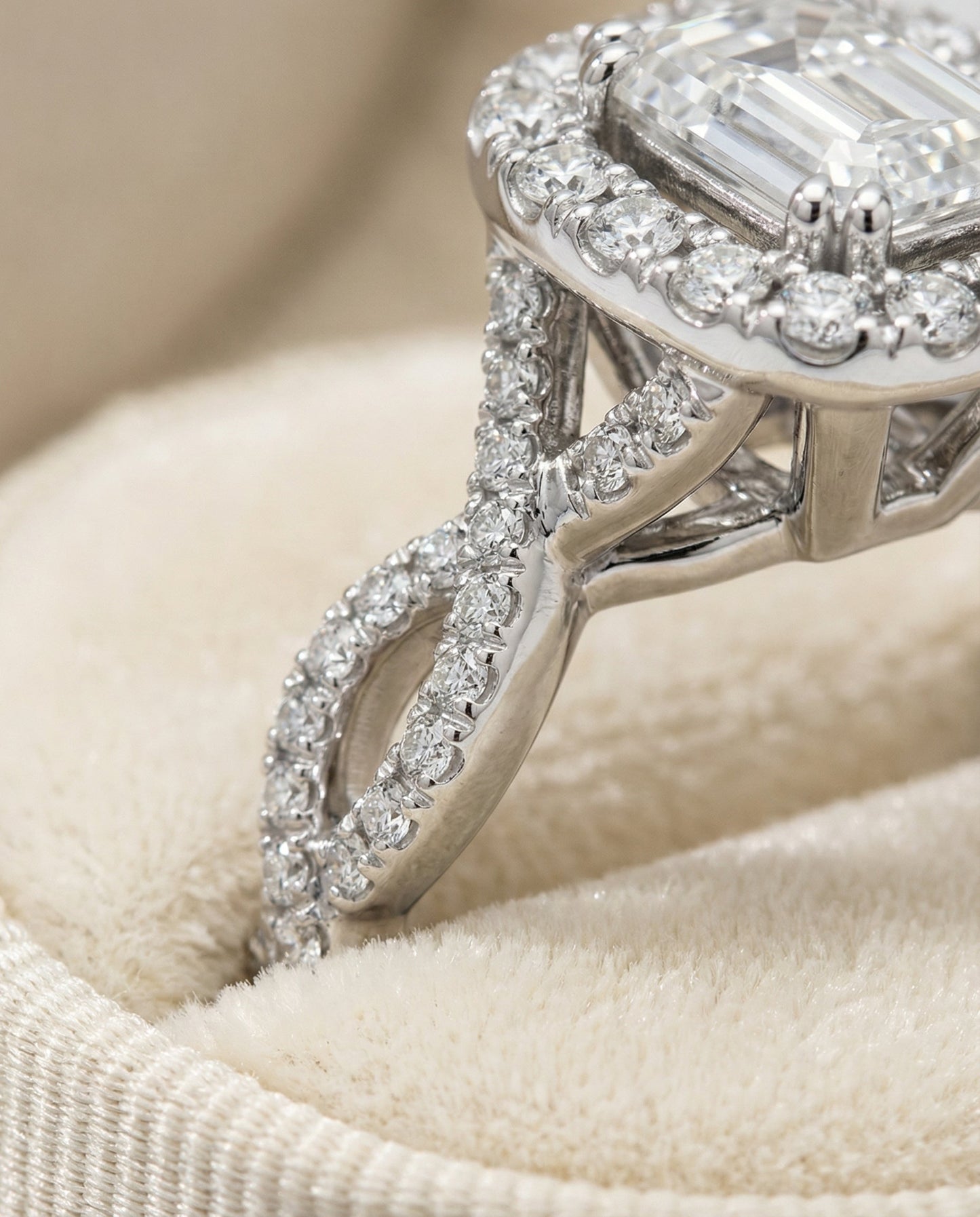 European Cut, Ribbon Twist Pavé Halo Emerald, in Platinum, pave setting – detail view | RockHer