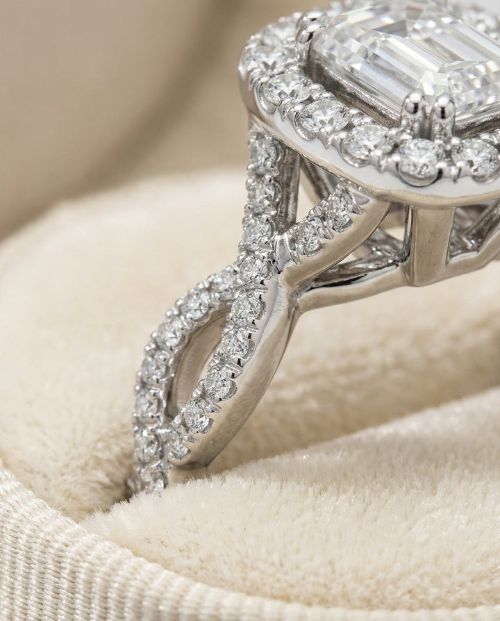 European Cut, Ribbon Twist Pavé Halo Emerald, in Platinum, pave setting – detail view | RockHer