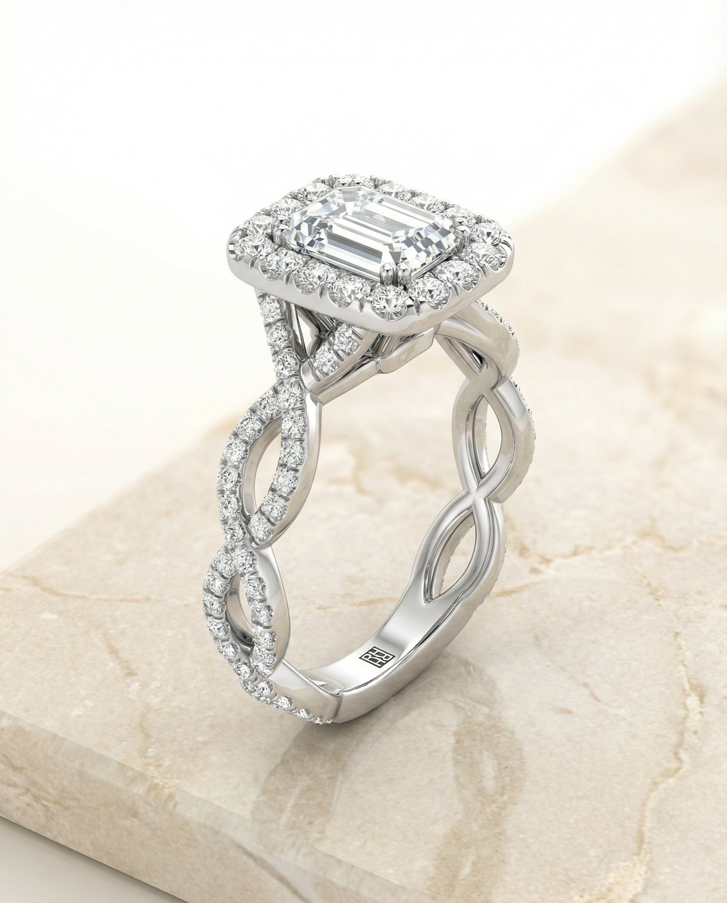 European Cut, Ribbon Twist Pavé Halo Emerald, in Platinum, pave setting – front view | RockHer