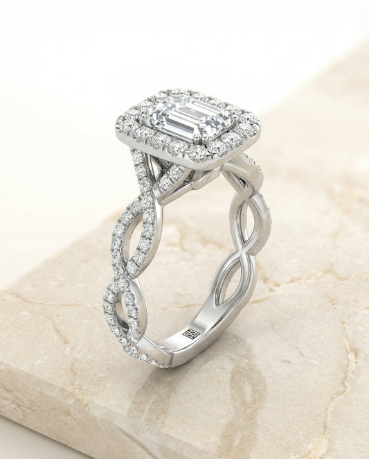 European Cut, Ribbon Twist Pavé Halo Emerald, in Platinum, pave setting – front view | RockHer