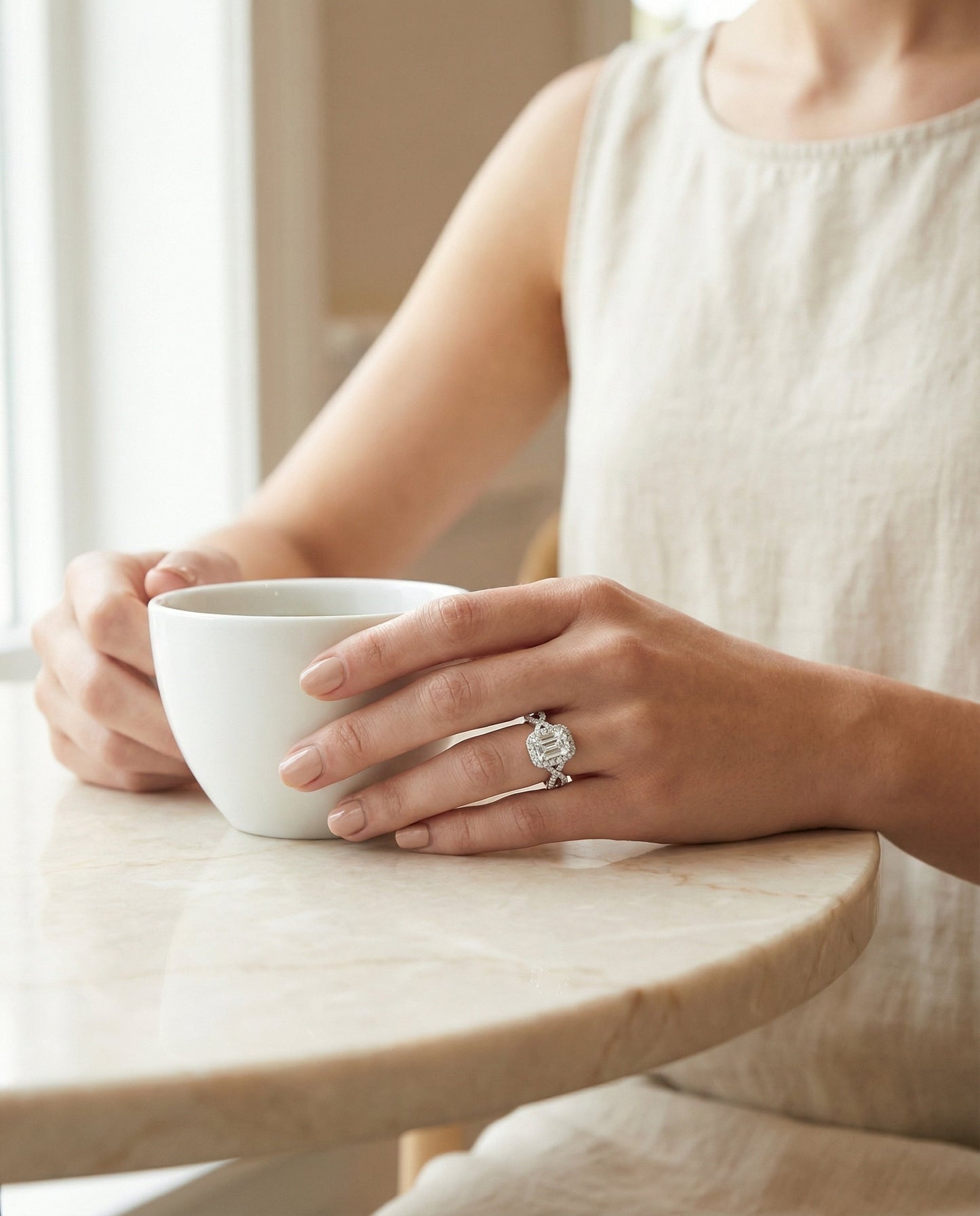 European Cut, Ribbon Twist Pavé Halo Emerald, in Platinum, pave setting – lifestyle shot | RockHer