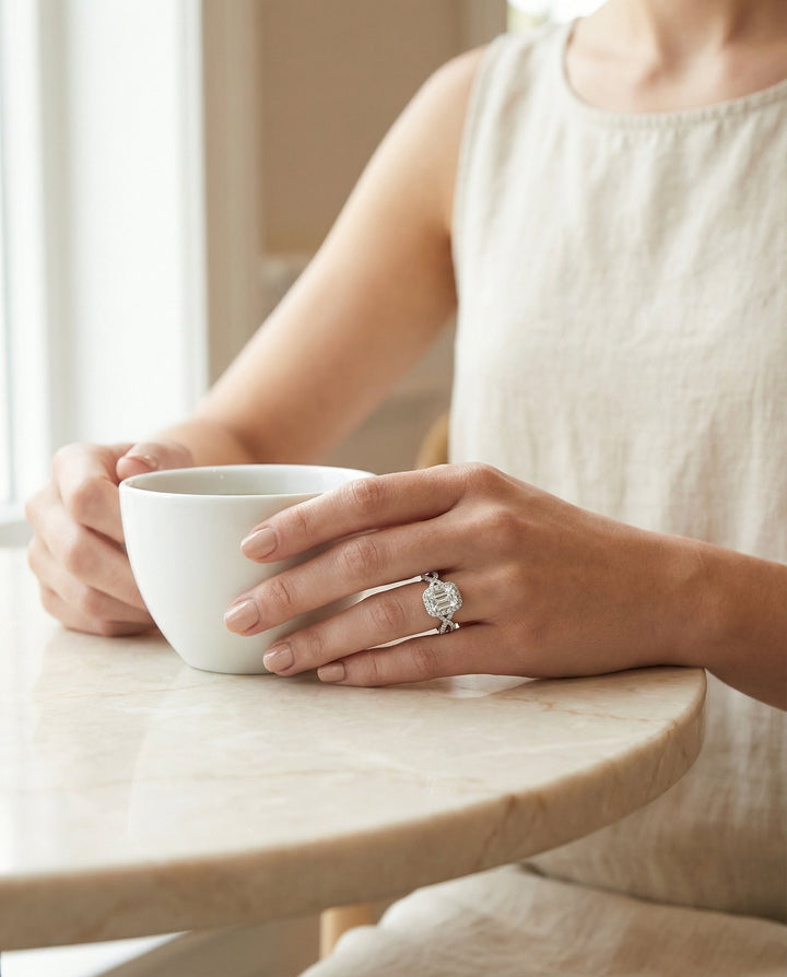 European Cut, Ribbon Twist Pavé Halo Emerald, in Platinum, pave setting – lifestyle shot | RockHer