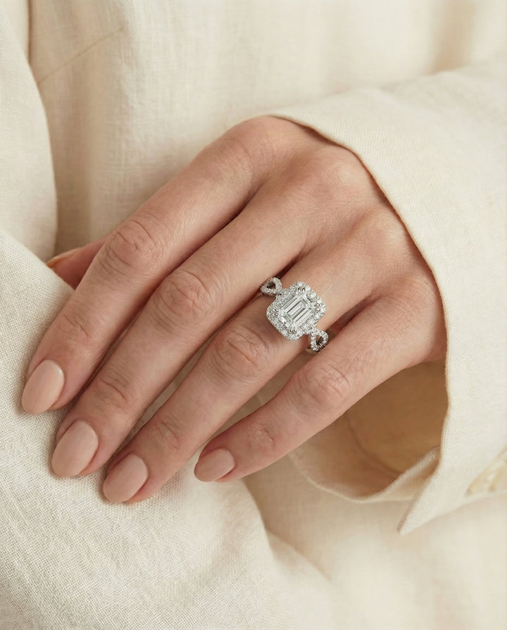 European Cut, Ribbon Twist Pavé Halo Emerald, in Platinum, pave setting – lifestyle shot | RockHer