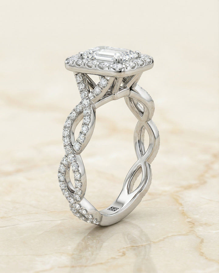 European Cut, Ribbon Twist Pavé Halo Emerald, in Platinum, pave setting – side profile | RockHer