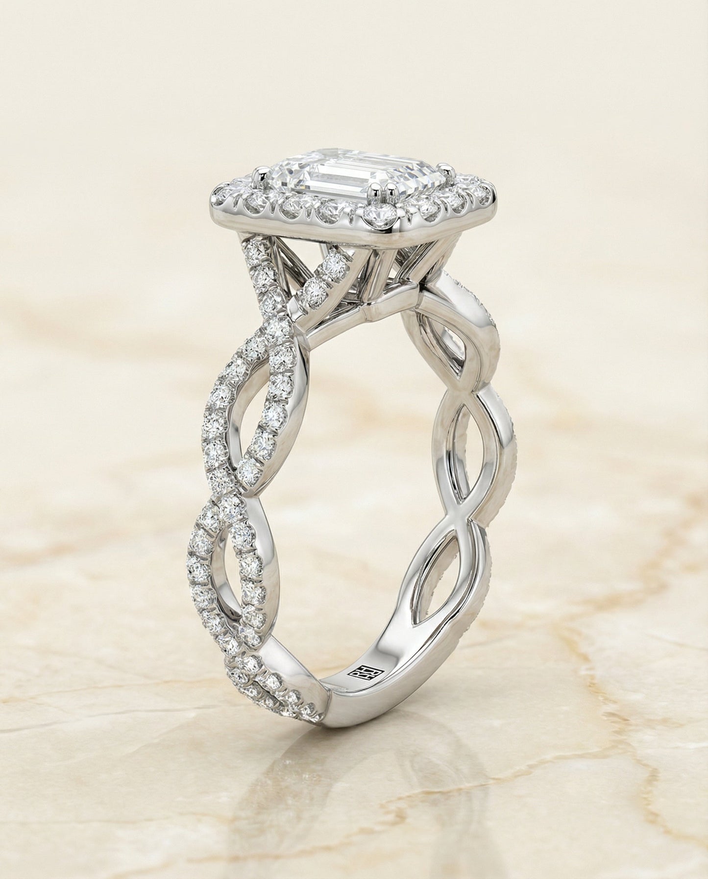 European Cut, Ribbon Twist Pavé Halo Emerald, in Platinum, pave setting – side profile | RockHer