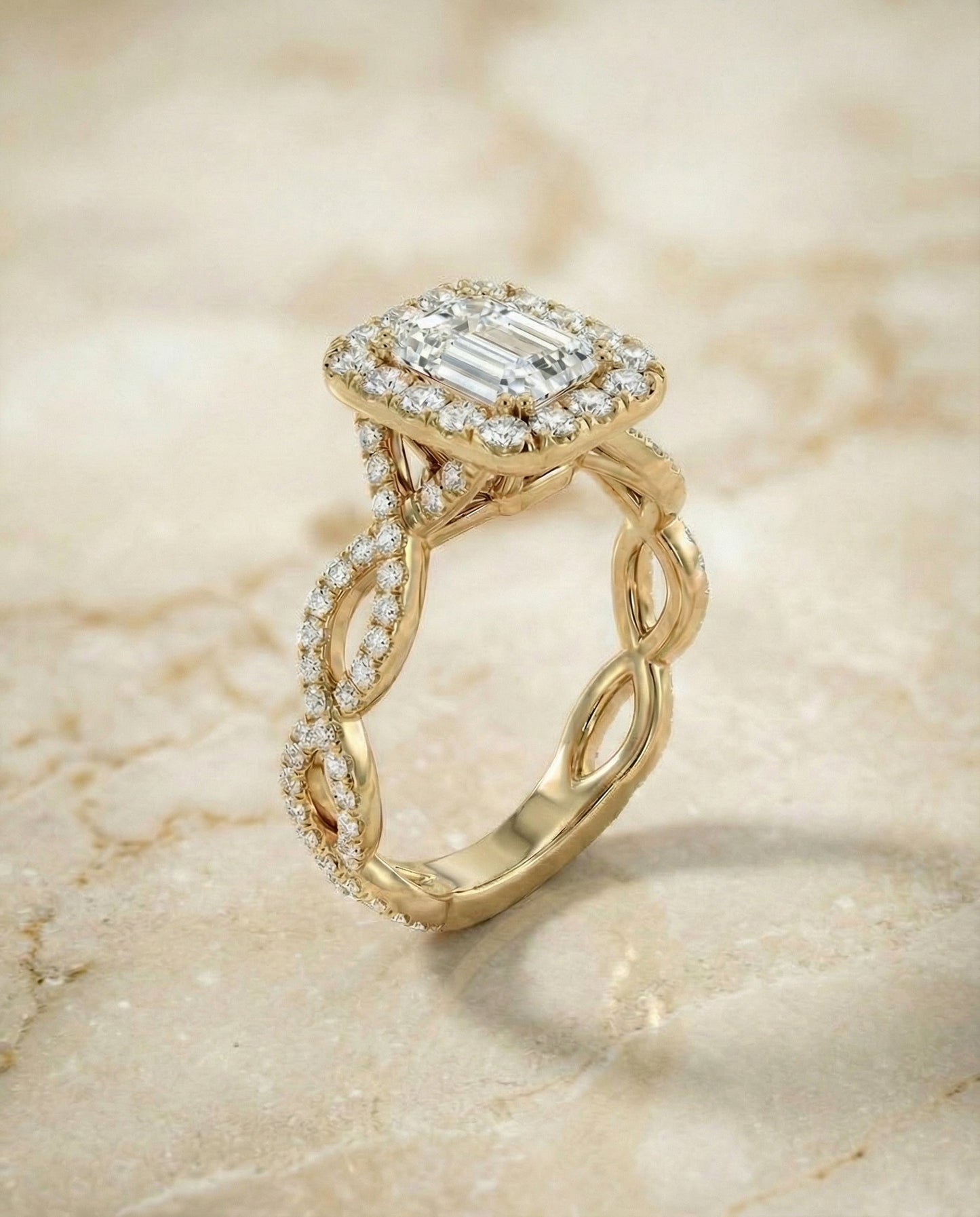 European Cut, Ribbon Twist Pavé Halo Emerald, in 18K Yellow Gold, pave setting – angled view | RockHer