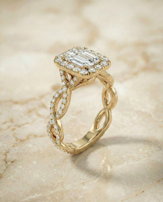 European Cut, Ribbon Twist Pavé Halo Emerald, in 18K Yellow Gold, pave setting – angled view | RockHer