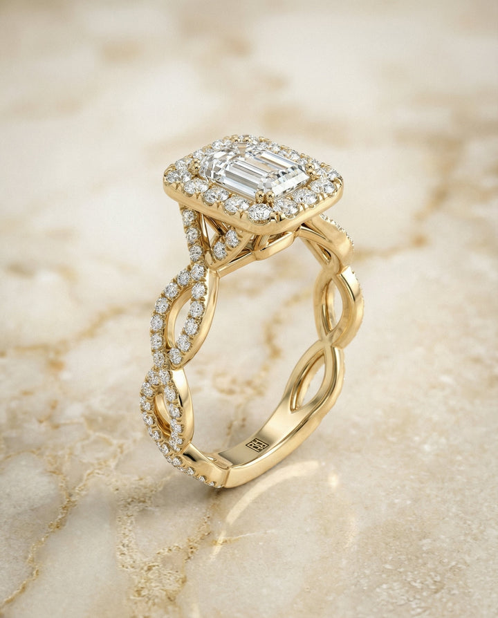 European Cut, Ribbon Twist Pavé Halo Emerald, in 18K Yellow Gold, pave setting – front view | RockHer
