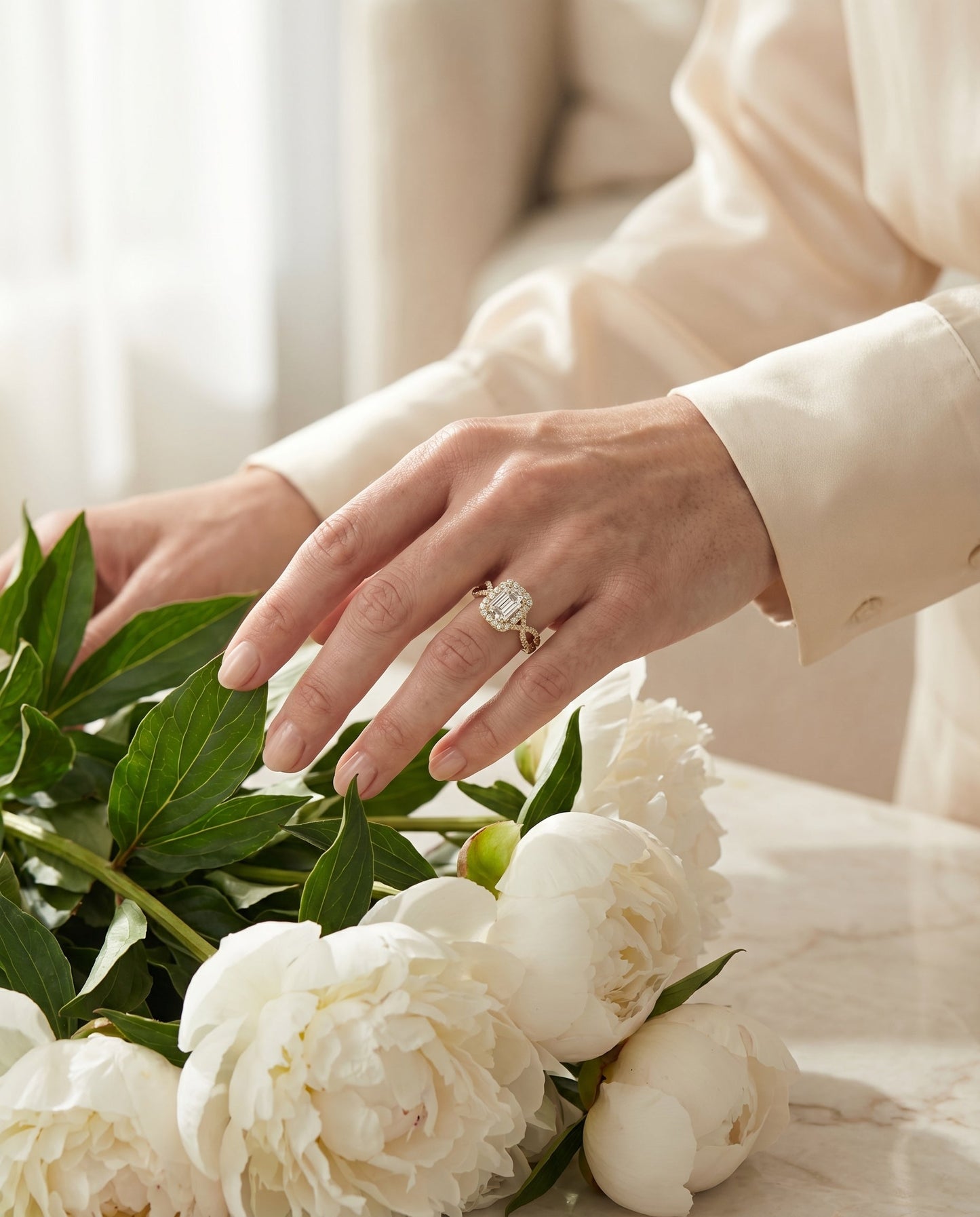 European Cut, Ribbon Twist Pavé Halo Emerald, in 18K Yellow Gold, pave setting – lifestyle shot | RockHer