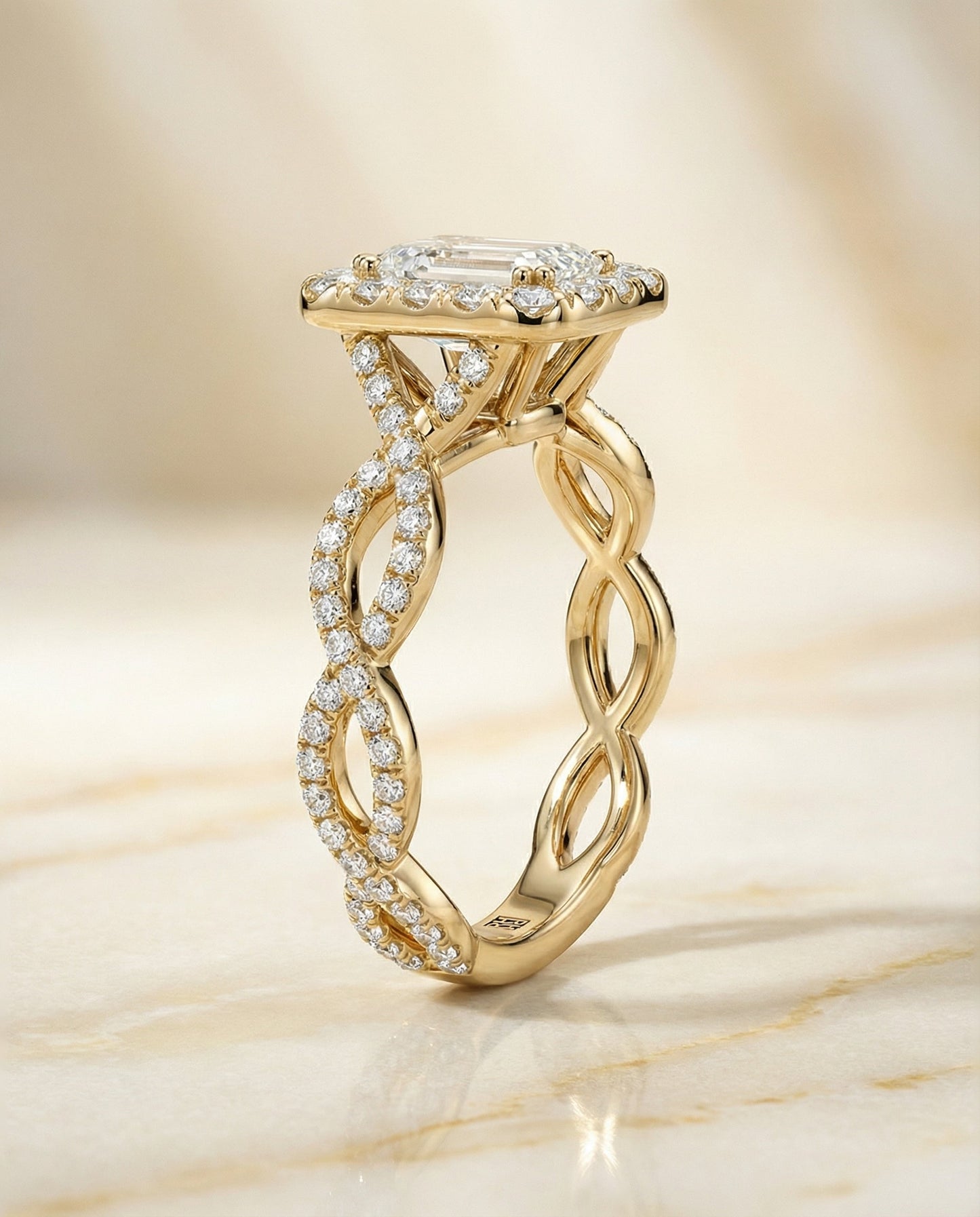 European Cut, Ribbon Twist Pavé Halo Emerald, in 18K Yellow Gold, pave setting – side profile | RockHer