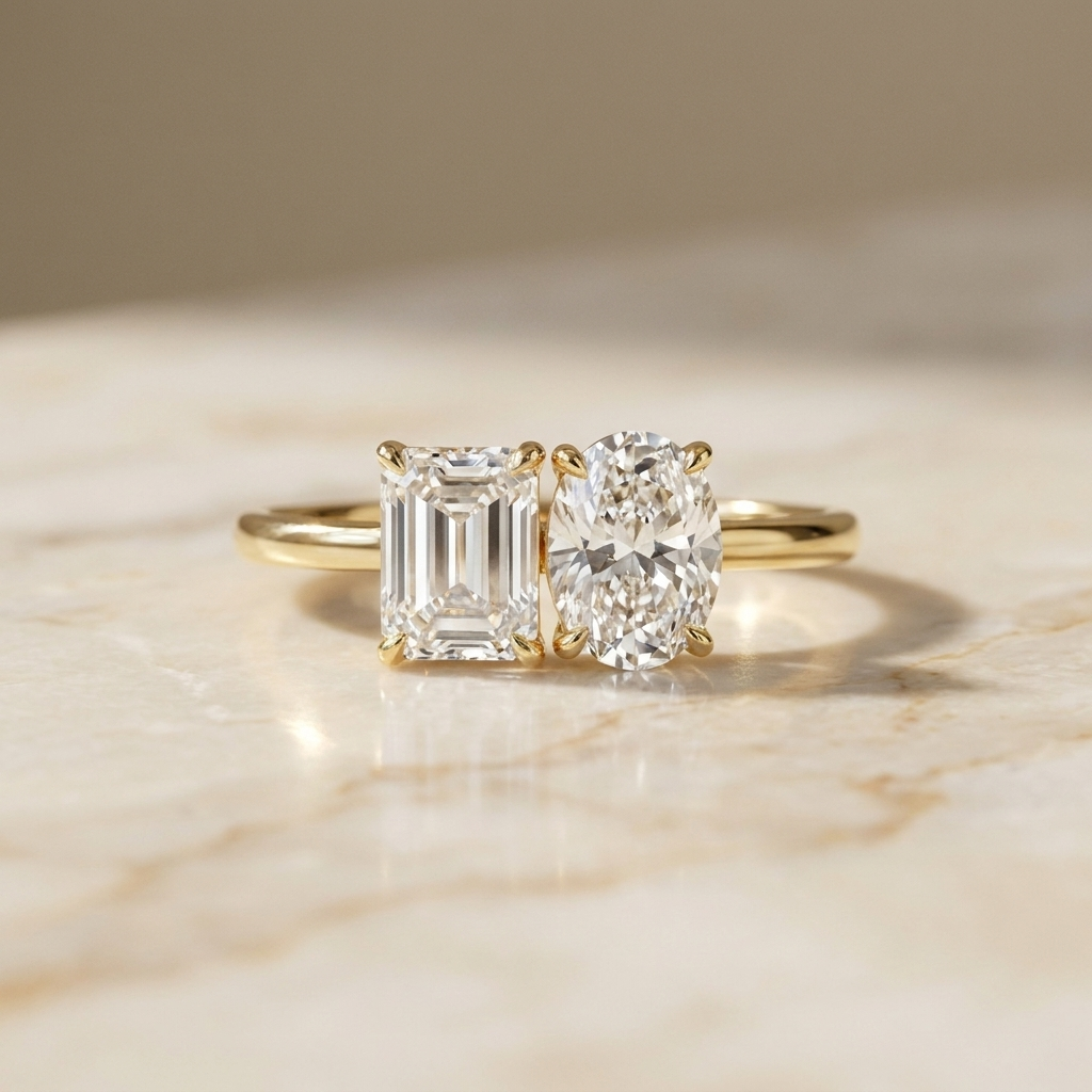 European Cut, Rihanna Toi et Moi Emerald & Pear Engagement Ring Setting, in 14K Rose Gold, prong setting | RockHer