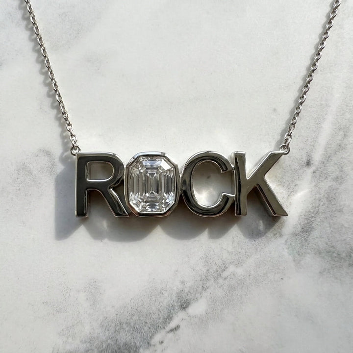 ROCK lab-grown diamond letter necklace in 14K White Gold