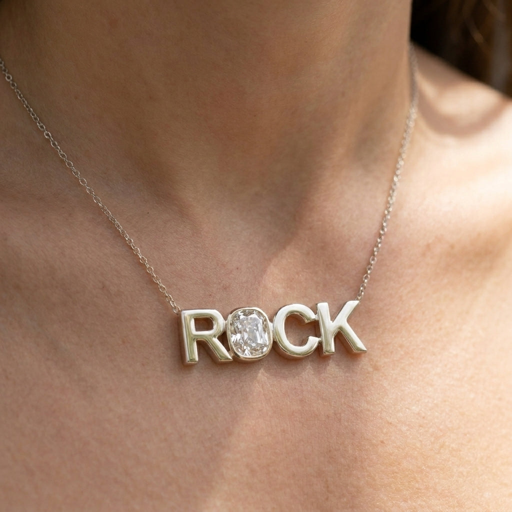 ROCK lab-grown diamond necklace in 14K White Gold, worn on neck