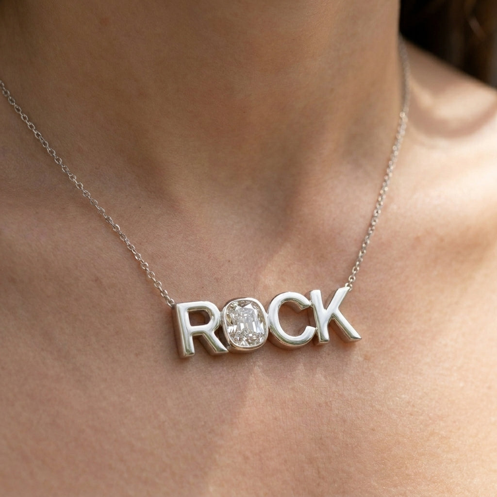 ROCK lab-grown diamond necklace in Platinum, worn on neck
