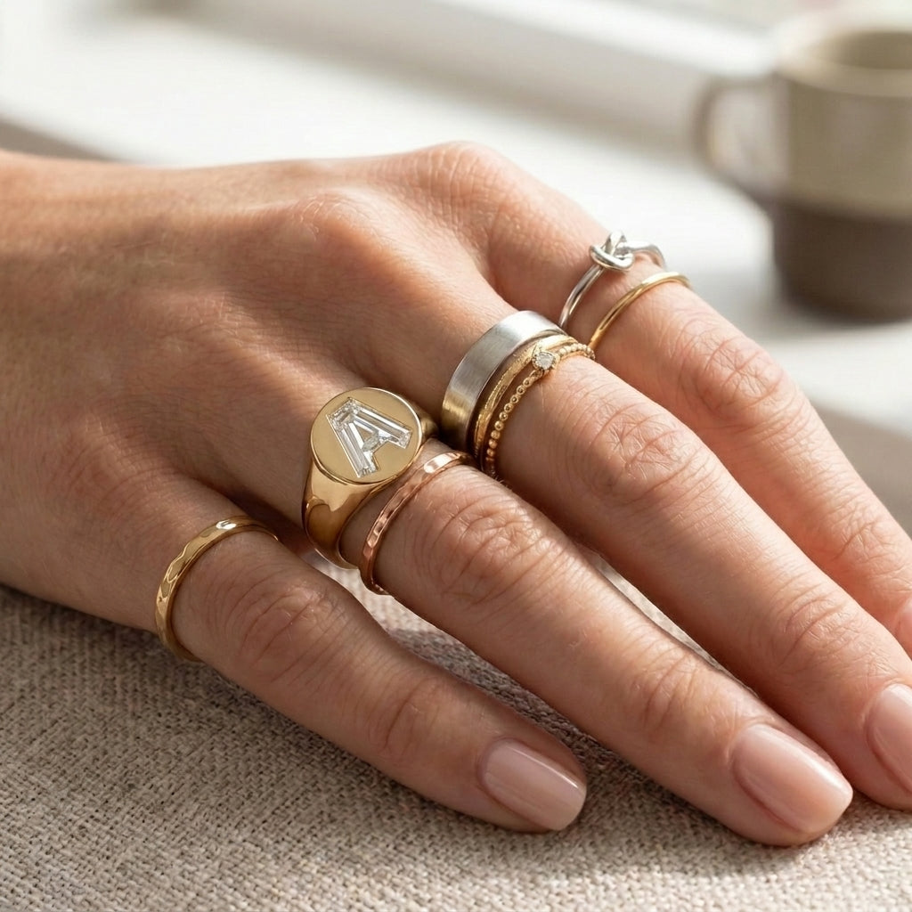 Women's Round lab-grown diamond letter signet ring in 14K Yellow Gold, letter A, worn on hand