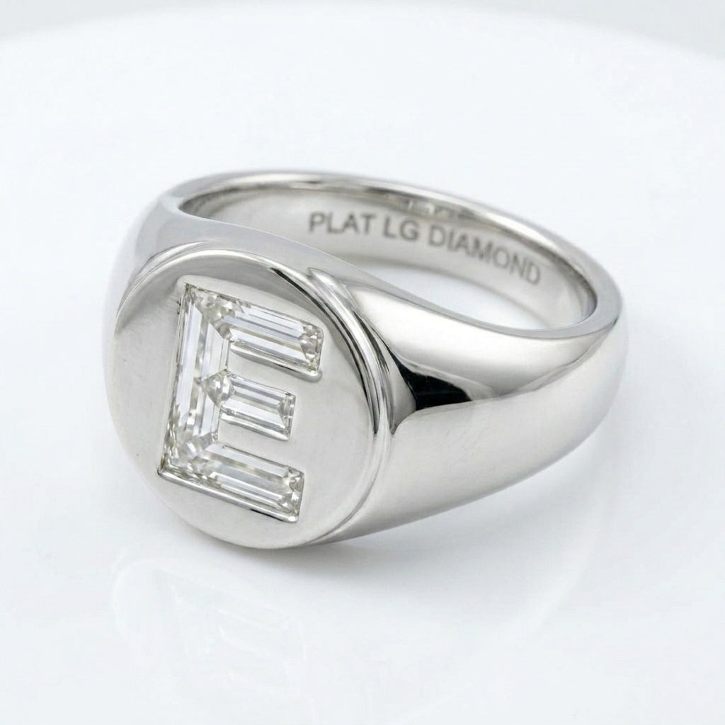 Women's Round lab-grown diamond letter signet ring in Platinum, letter E, product photography
