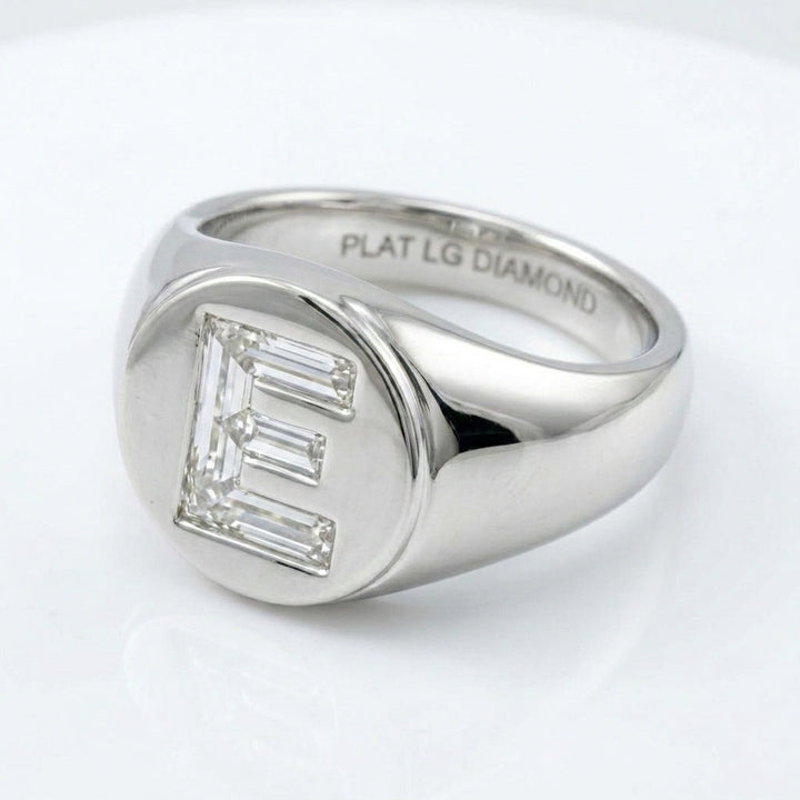 Women's Round lab-grown diamond letter signet ring in Platinum, letter E, product photography