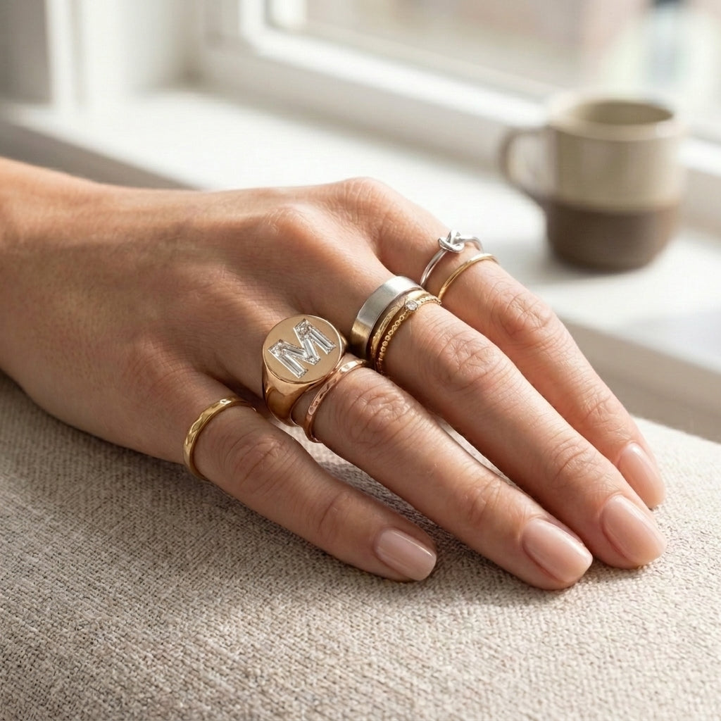 Women's Round lab-grown diamond letter signet ring in 14K Rose Gold, letter M, worn on hand
