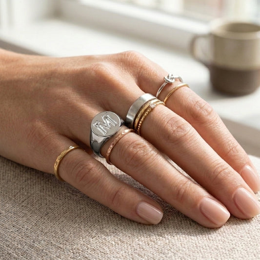 Women's Round lab-grown diamond letter signet ring in 14K White Gold, letter M, worn on hand