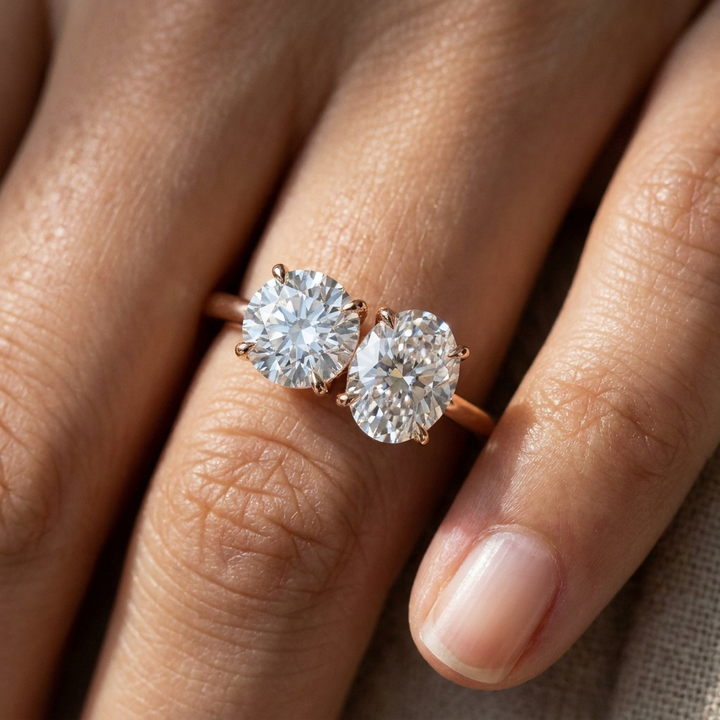 Round Brilliant, 14K Rose Gold Sasha Toi et Moi Select Round & Oval Lab Diamond Engagement Ring, prong setting – lifestyle shot | RockHer