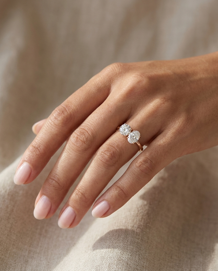Round Brilliant, 14K Rose Gold Sasha Toi et Moi Select Round & Oval Lab Diamond Engagement Ring, prong setting – lifestyle shot | RockHer