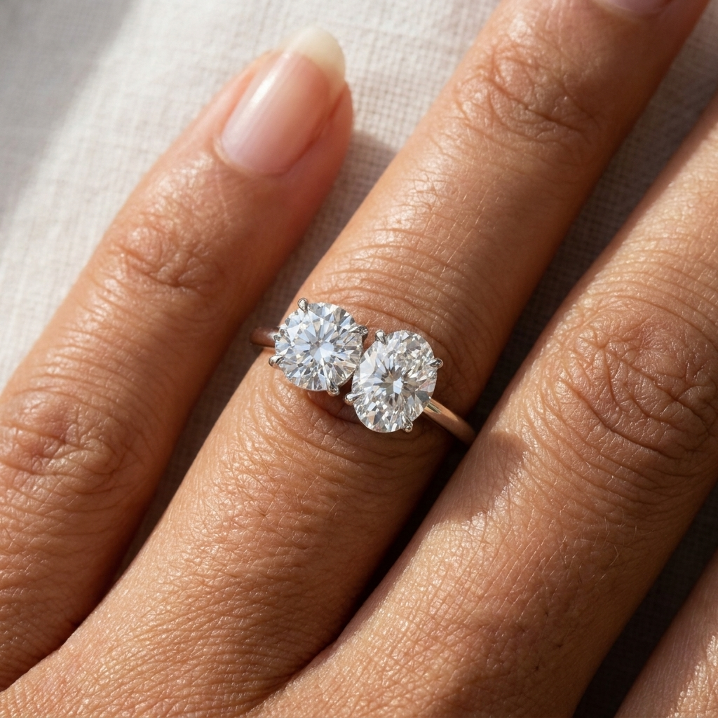 14K White Gold Sasha Toi et Moi Select Round & Oval Lab Diamond Engagement Ring - Macro close-up on finger